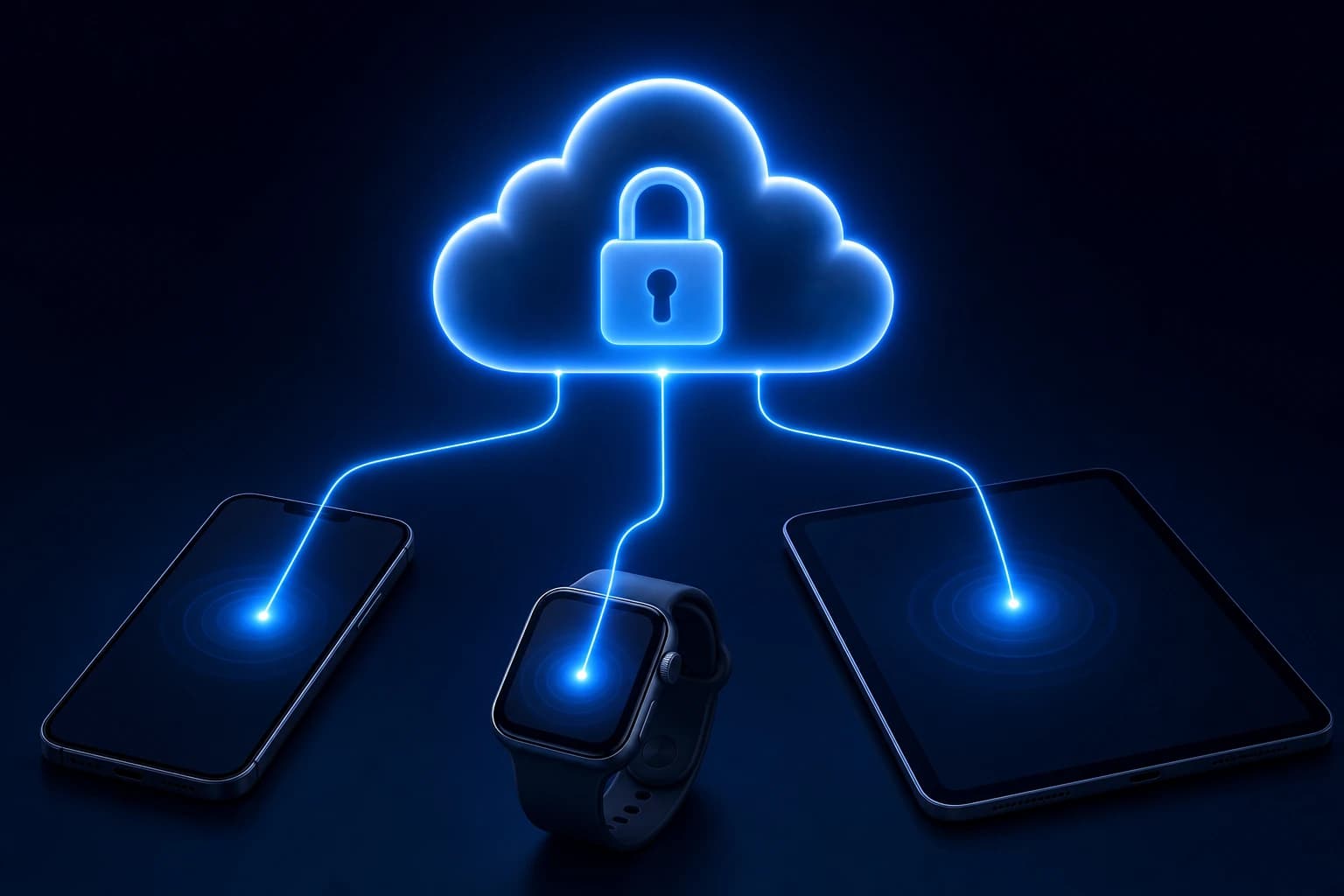 Cloud with a padlock above a phone, a tablet, and a smartwatch