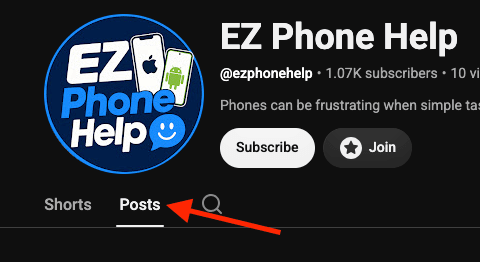 EZ Phone Help YouTube channel with an arrow pointing to the Posts tab