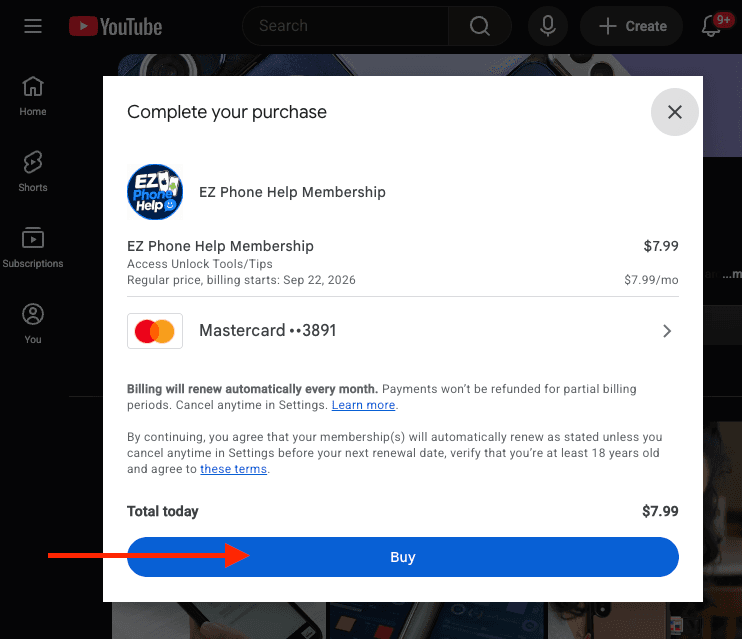 YouTube Complete your purchase modal with a Buy button